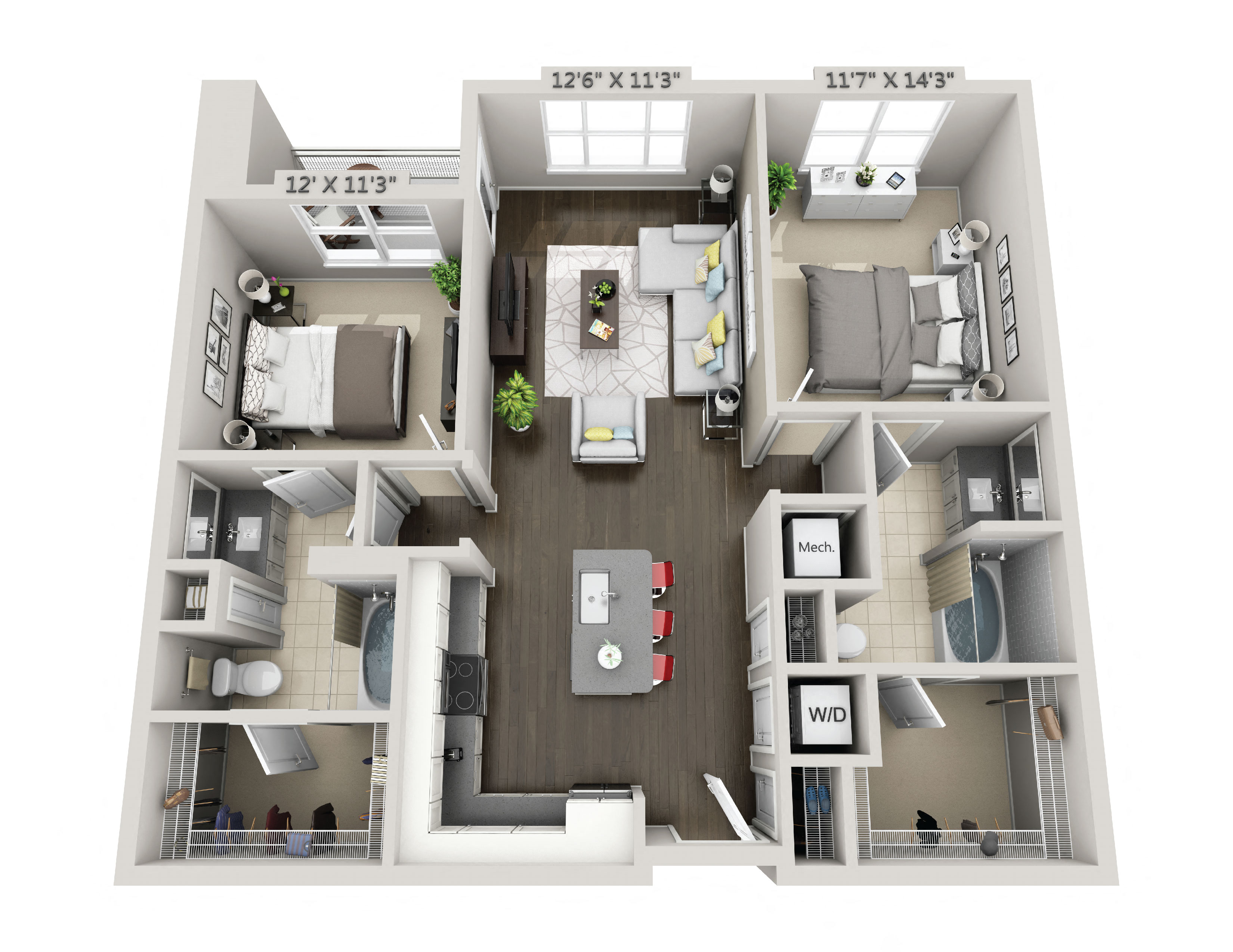 Floor plan for 2 beds, 2 baths, 1066 sqft